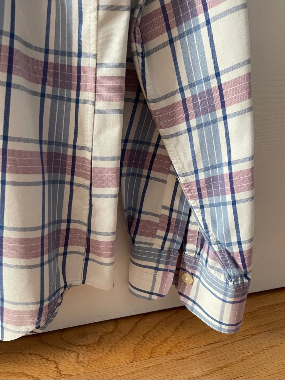 J. Crew Men's White Button-Down Plaid Shirt with Blue & Pink Stripes